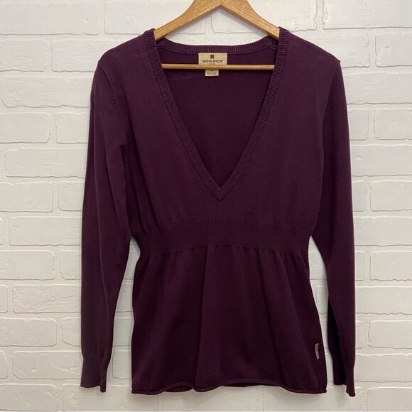 WOOLRICH knit sweater cotton blend knit burgundy/dark wineberry Vneck size small - Picture 7 of 13